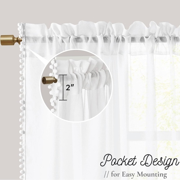 HYDE LANE Set of 2! Pom Pom White Sheer Curtains for Living Room 84 Inches Long - Picture 6 of 6